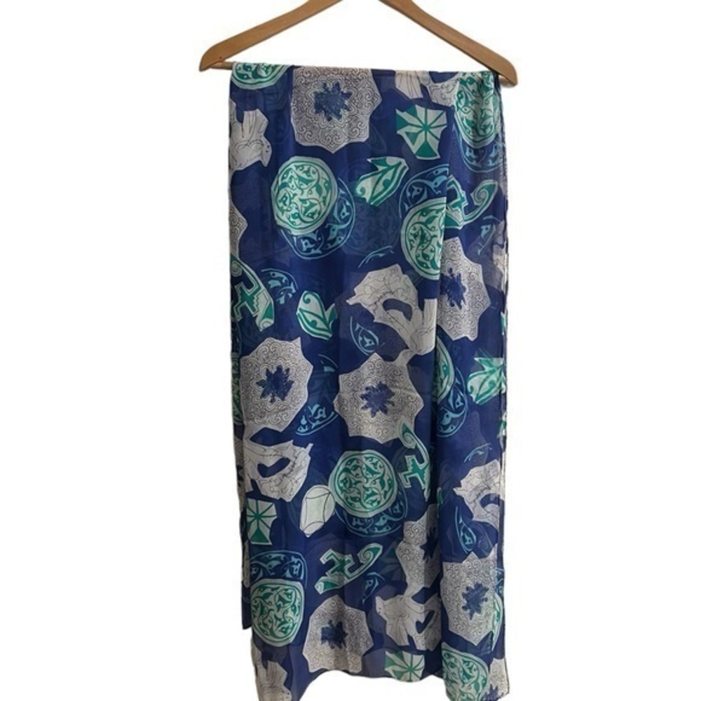 Silk Scarf Dupatta, Blue White Turquoise & Green Medallion Floral Print
